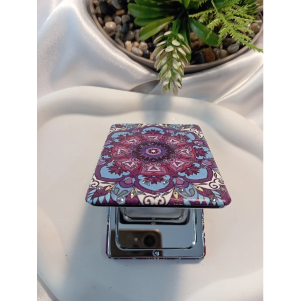Mor ve Mavi Mandala Desenli Işıltılı Dikdörtgen Cep Aynası (7x1 cm)