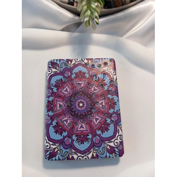 Mor ve Mavi Mandala Desenli Işıltılı Dikdörtgen Cep Aynası (7x1 cm)