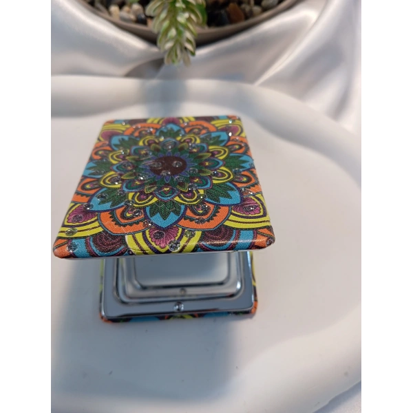 Rengarenk Mandala Desenli Işıltılı Dikdörtgen Cep Aynası (7x1 cm)