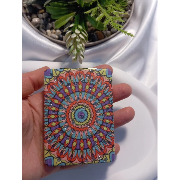 Pastel Renkli Mandala Desenli Işıltılı Dikdörtgen Cep Aynası (7x1 cm)