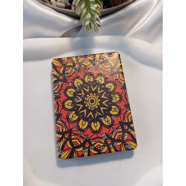 Kırmızı ve Sarı Mandala Desenli Işıltılı Dikdörtgen Cep Aynası (7x1 cm)
