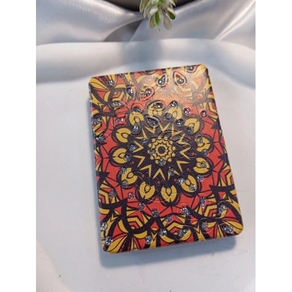Kırmızı ve Sarı Mandala Desenli Işıltılı Dikdörtgen Cep Aynası (7x1 cm)