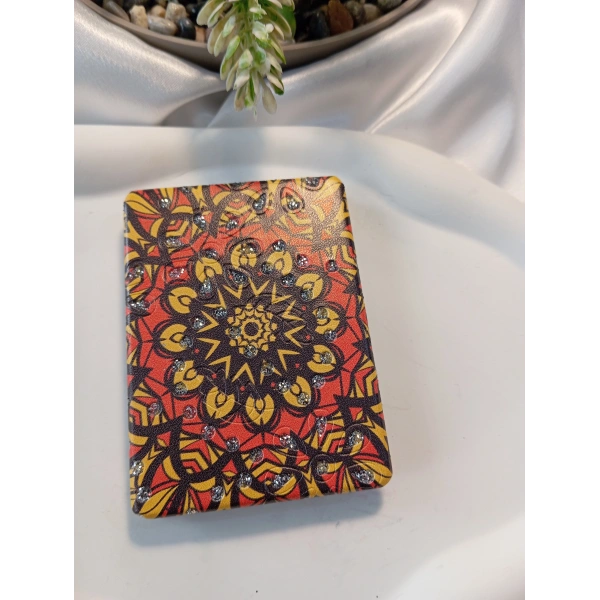 Kırmızı ve Sarı Mandala Desenli Işıltılı Dikdörtgen Cep Aynası (7x1 cm)