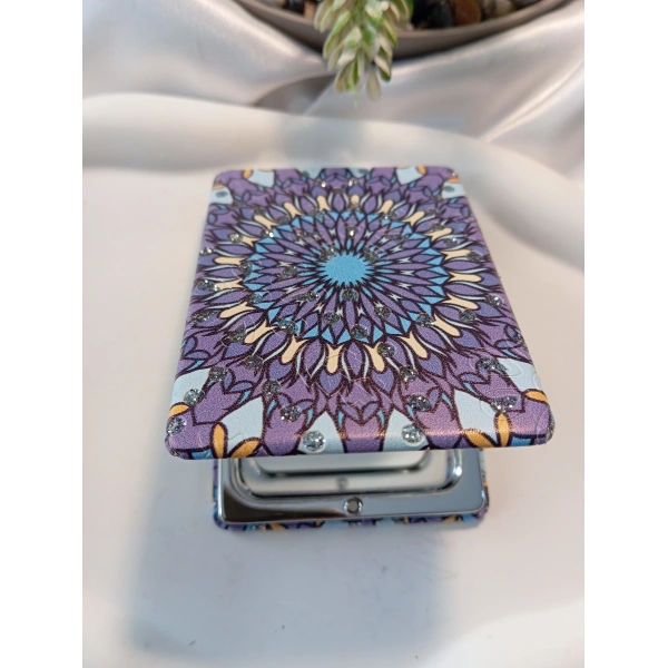 Mor ve Mavi Tonlu Mandala Desenli Işıltılı Dikdörtgen Cep Aynası (7x1 cm)