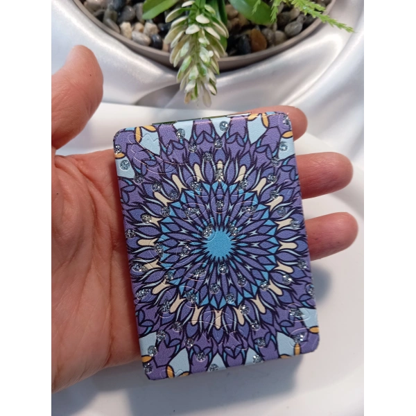 Mor ve Mavi Tonlu Mandala Desenli Işıltılı Dikdörtgen Cep Aynası (7x1 cm)
