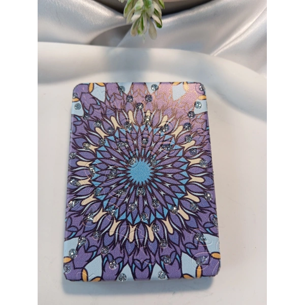 Mor ve Mavi Tonlu Mandala Desenli Işıltılı Dikdörtgen Cep Aynası (7x1 cm)