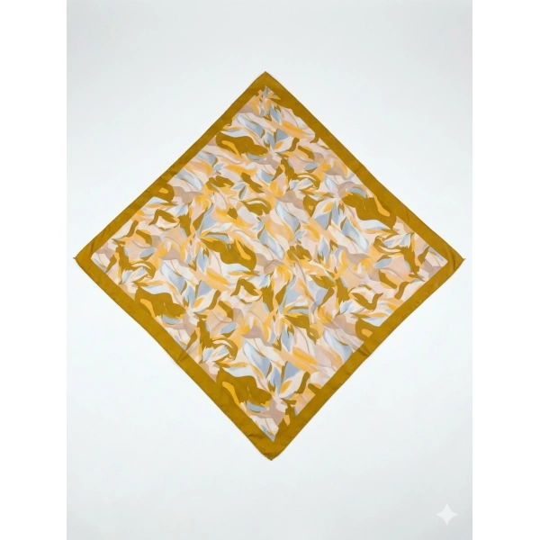 90x90 Hardal Sarısı Desenli Saten Fular – Krem & Bebe Mavisi