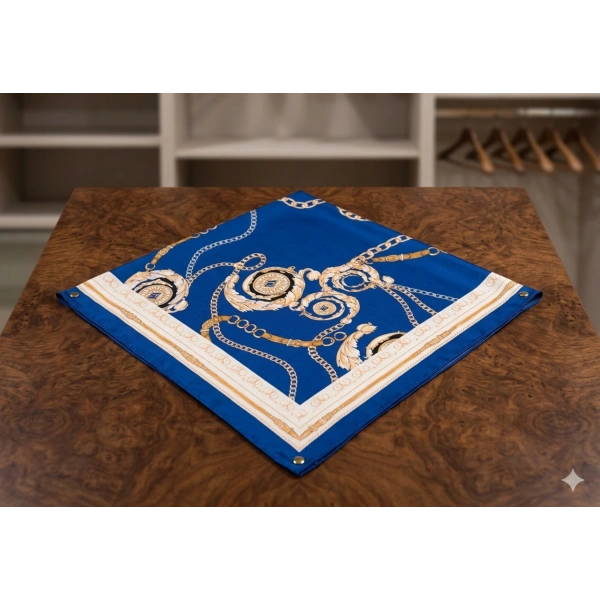 90x90 Lacivert Zincir Desenli Saten Fular
