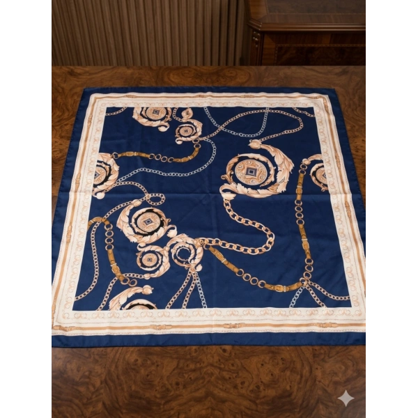 90x90 Lacivert Zincir Desenli Saten Fular