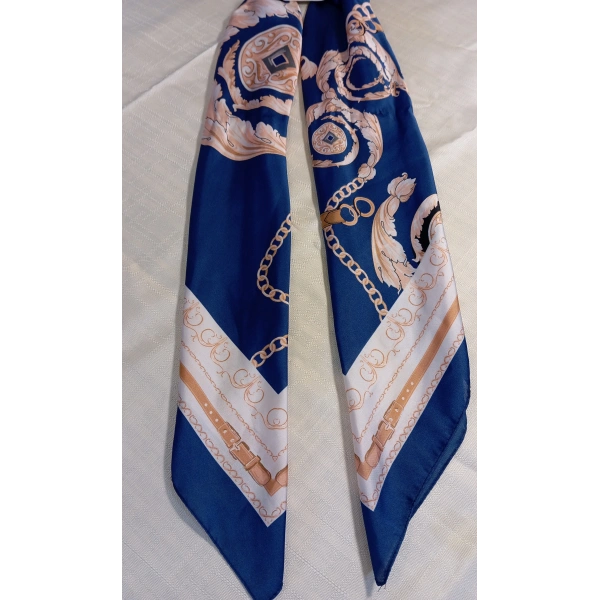 90x90 Lacivert Zincir Desenli Saten Fular