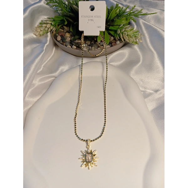 Pul Zincir Detaylı 14 K Kaplamalı Çelik Kolye