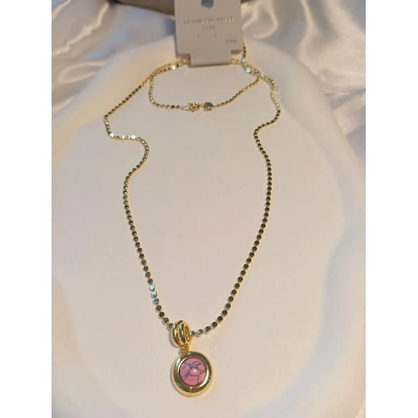 14 K Kaplama Ezme Zincir Detaylı Pembe Renkli Çelik Kolye