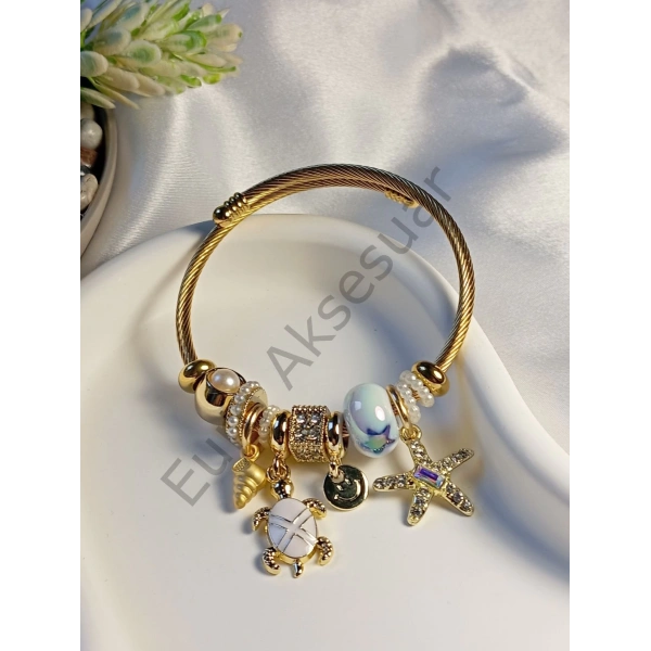 Beyaz Kamplumbağa Figürlü Charmlı Bileklik