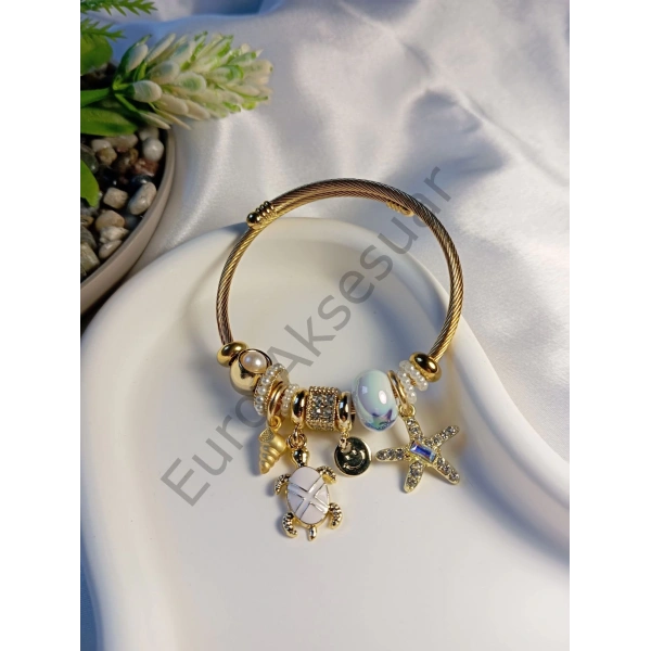 Beyaz Kamplumbağa Figürlü Charmlı Bileklik