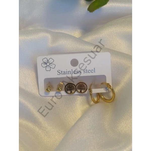 Çelik Hayat Ağacı Figürlü Çoklu Küpe