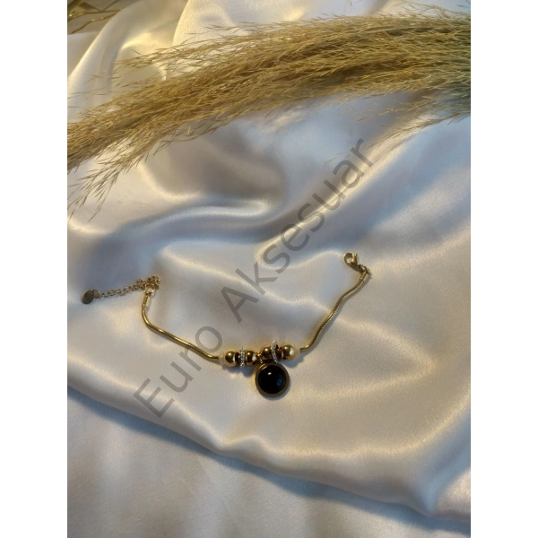 Çelik Siyah Charm Detaylı Bileklik