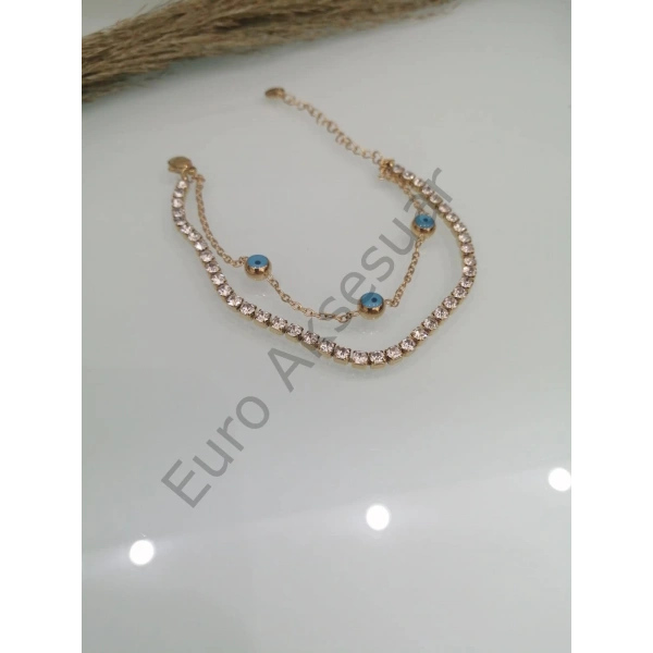 Çelik Zirkon Taşlı Nazar Boncuğu Detaylı Bileklik