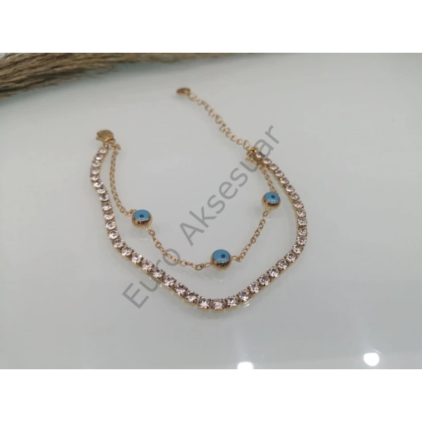 Çelik Zirkon Taşlı Nazar Boncuğu Detaylı Bileklik