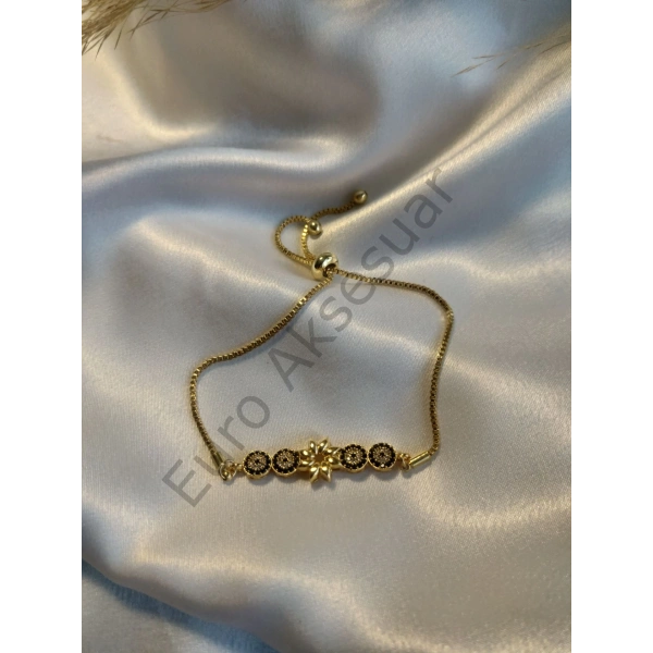 Çiçek Detaylı Gold Zirkon Taş Detaylı Asansörlü Bileklik