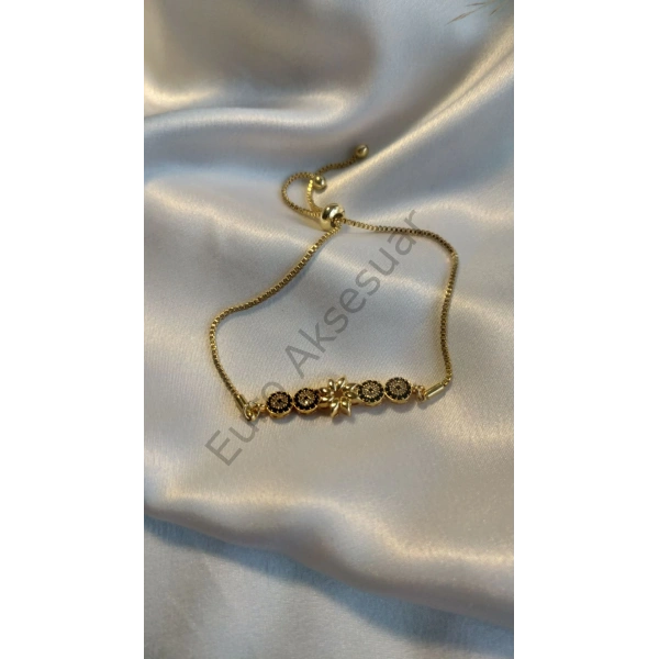Çiçek Detaylı Gold Zirkon Taş Detaylı Asansörlü Bileklik