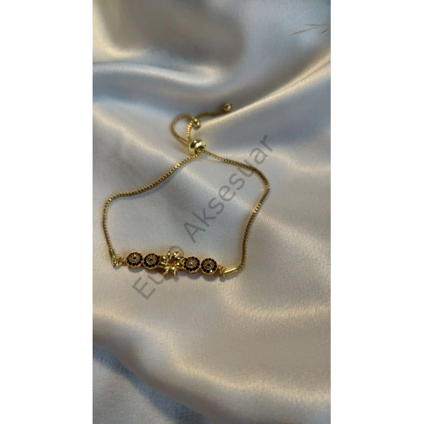 Çiçek Detaylı Gold Zirkon Taş Detaylı Asansörlü Bileklik