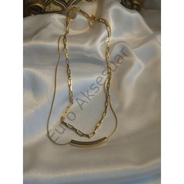 Çift Zincir Detaylı Gold Çelik Kolye