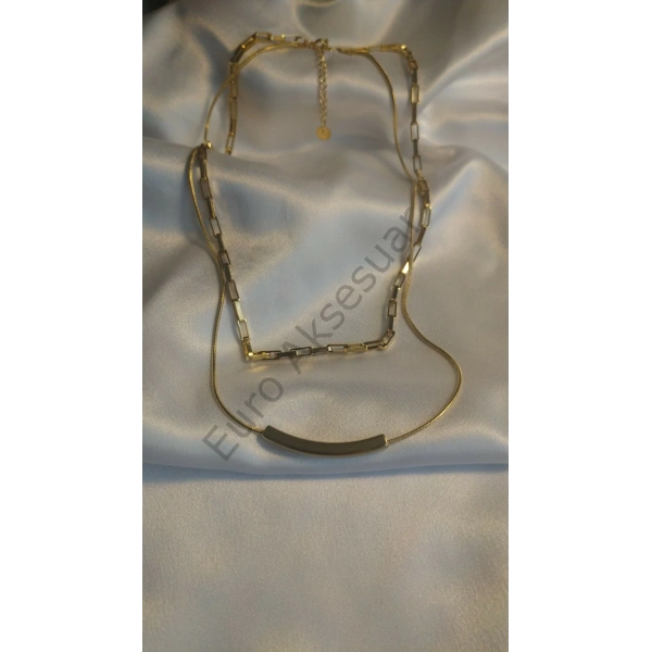 Çift Zincir Detaylı Gold Çelik Kolye