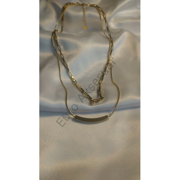 Çift Zincir Detaylı Gold Çelik Kolye