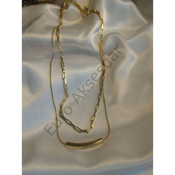 Çift Zincir Detaylı Gold Çelik Kolye