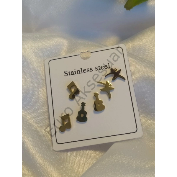 Gitar Figürlü Çelik Çoklu Küpe