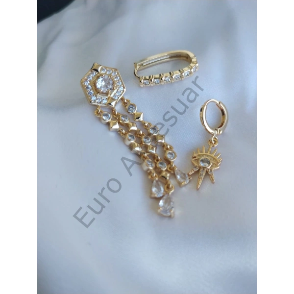 Gold Çelik Zirkon Taşlı Üçlü Küpe