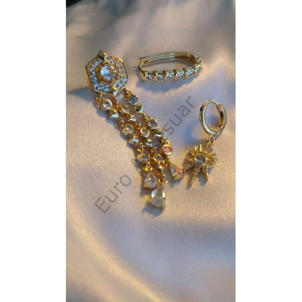 Gold Çelik Zirkon Taşlı Üçlü Küpe