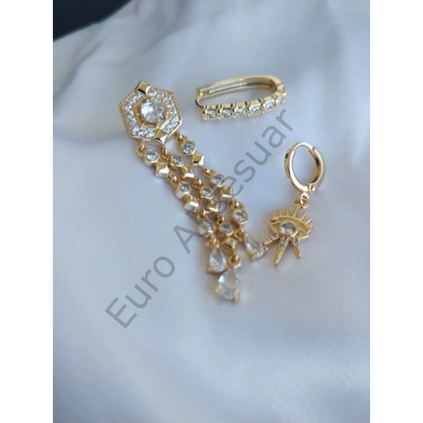 Gold Çelik Zirkon Taşlı Üçlü Küpe