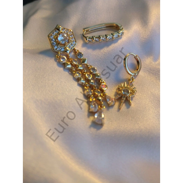 Gold Çelik Zirkon Taşlı Üçlü Küpe