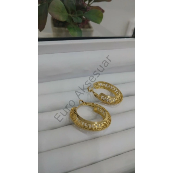 Gold Dantel Bombeli Çelik Halka Küpe