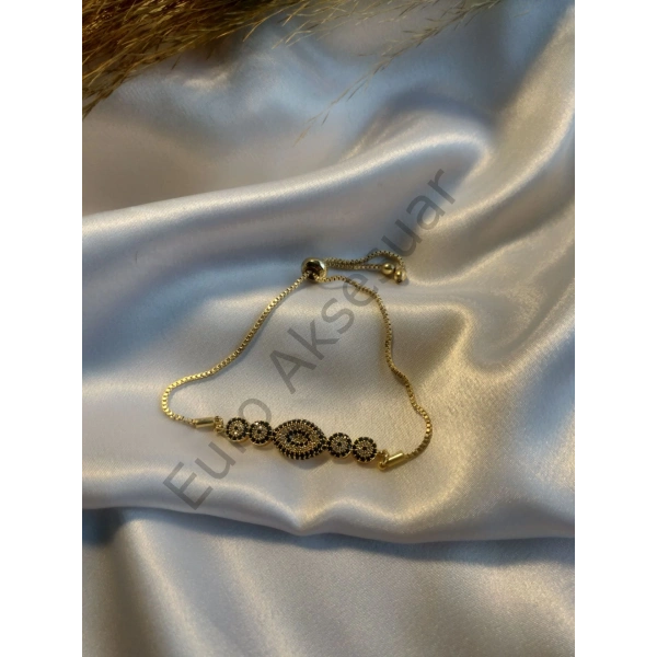 Gold Göz Detaylı Zirkon Taşlı VIP Bileklik