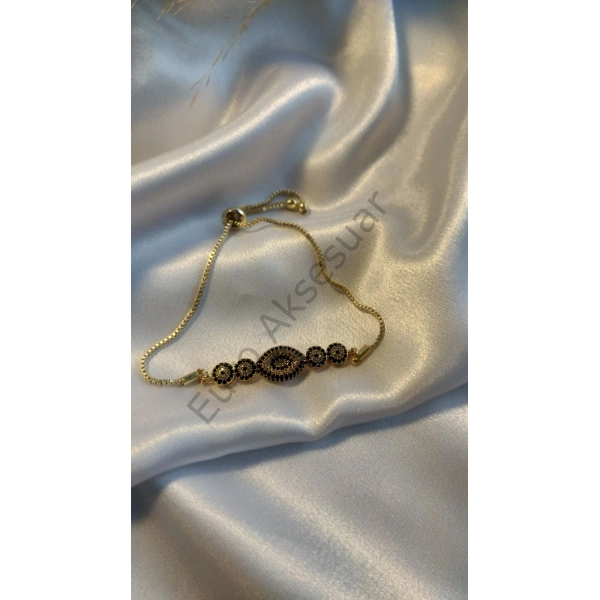 Gold Göz Detaylı Zirkon Taşlı VIP Bileklik