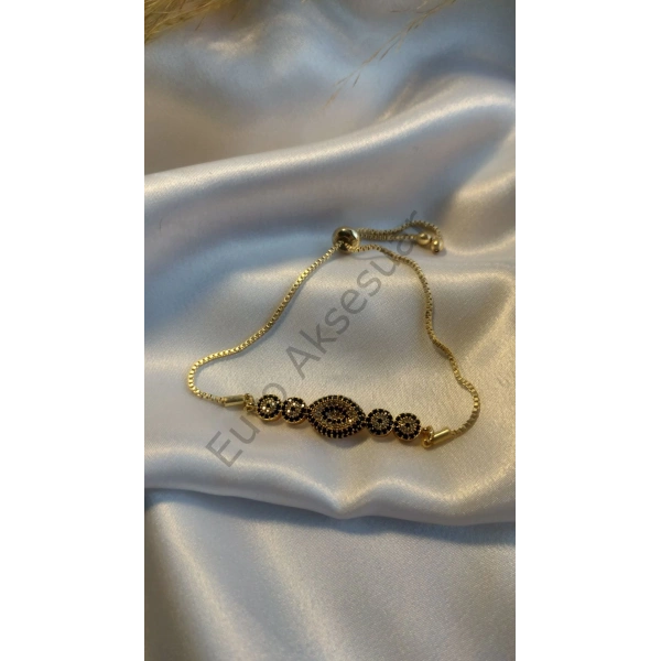 Gold Göz Detaylı Zirkon Taşlı VIP Bileklik