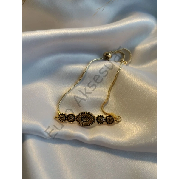 Gold Göz Detaylı Zirkon Taşlı VIP Bileklik