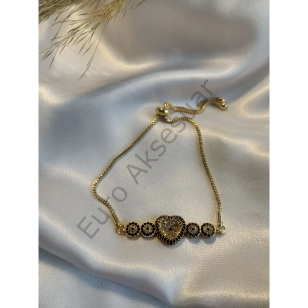 Gold Kalp Detaylı Zirkon Taşlı Asansörlü Bileklik