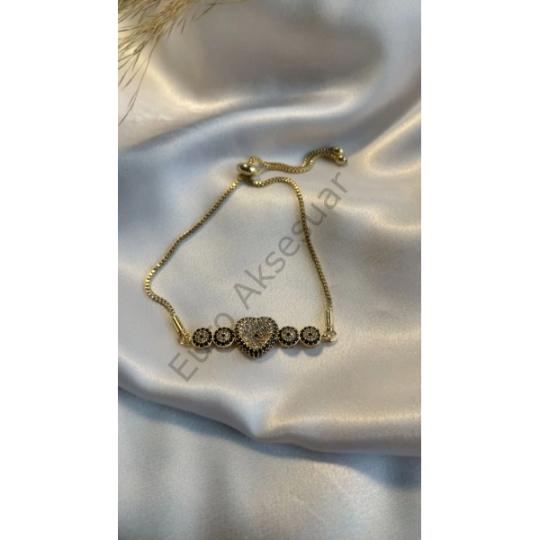 Gold Kalp Detaylı Zirkon Taşlı Asansörlü Bileklik