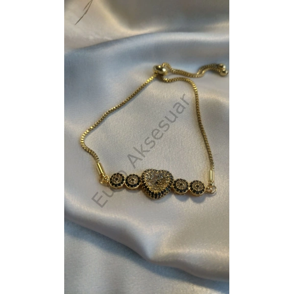 Gold Kalp Detaylı Zirkon Taşlı Asansörlü Bileklik
