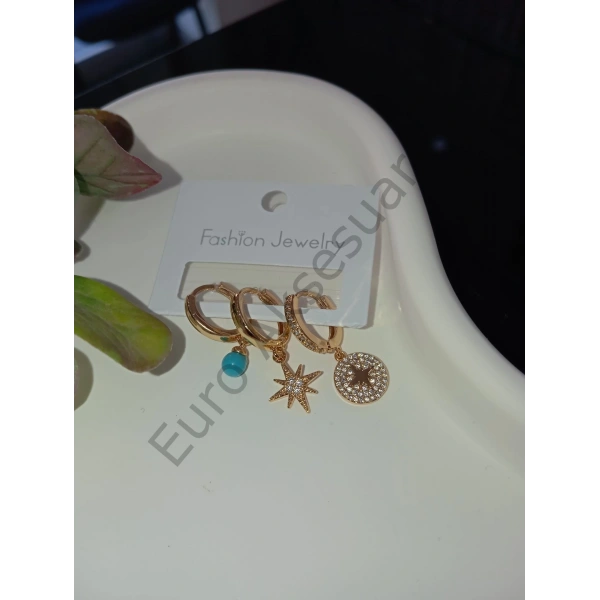 Gold Mavi Boncuk Detaylı Vip Üçlü Küpe Seti