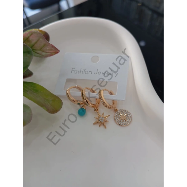 Gold Mavi Boncuk Detaylı Vip Üçlü Küpe Seti