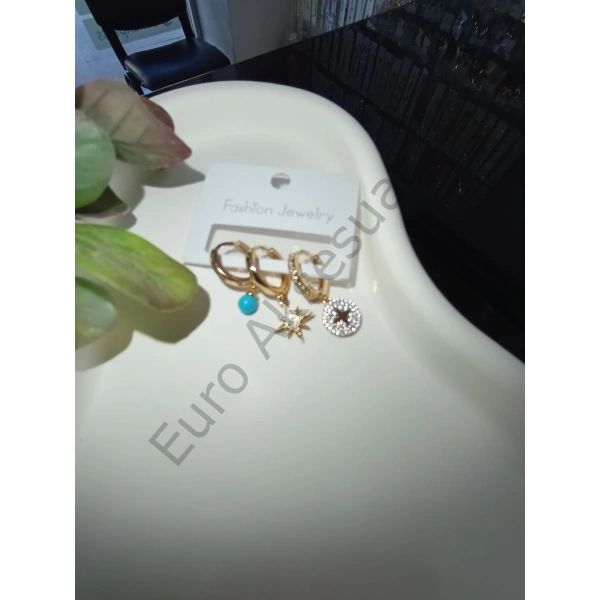 Gold Mavi Boncuk Detaylı Vip Üçlü Küpe Seti