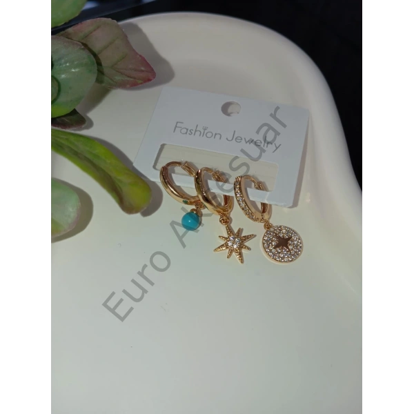 Gold Mavi Boncuk Detaylı Vip Üçlü Küpe Seti