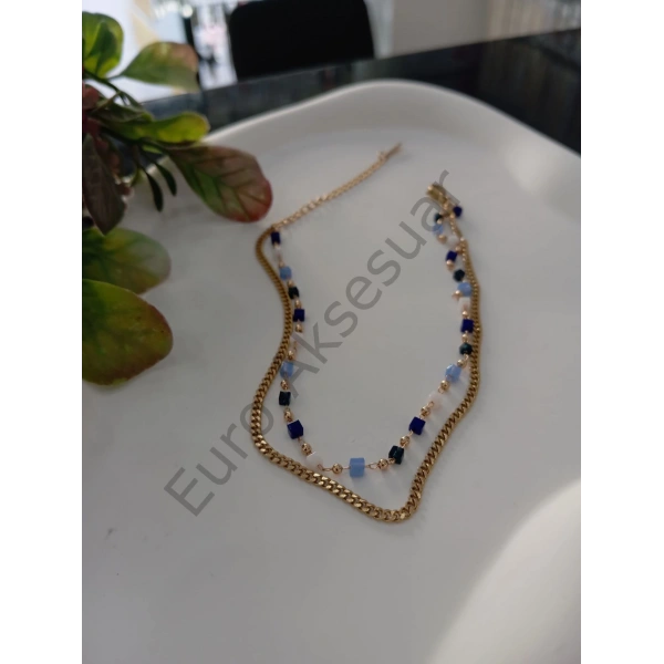 Gold Mavi Boncuklu Çelik Halhal - Euro Aksesuar