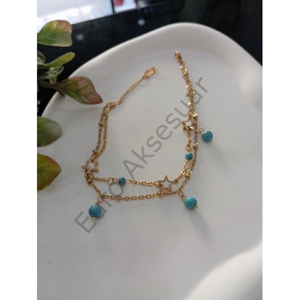 Gold Mavi Boncuklu Halhal - Çelik