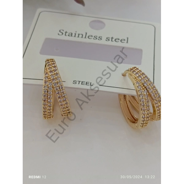 Gold Renk Çelik Taş Detaylı Küpe