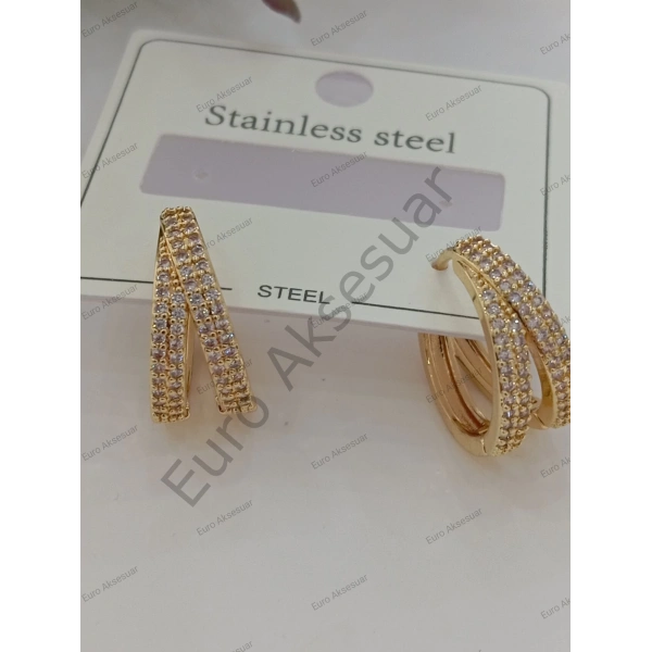 Gold Renk Çelik Taş Detaylı Küpe